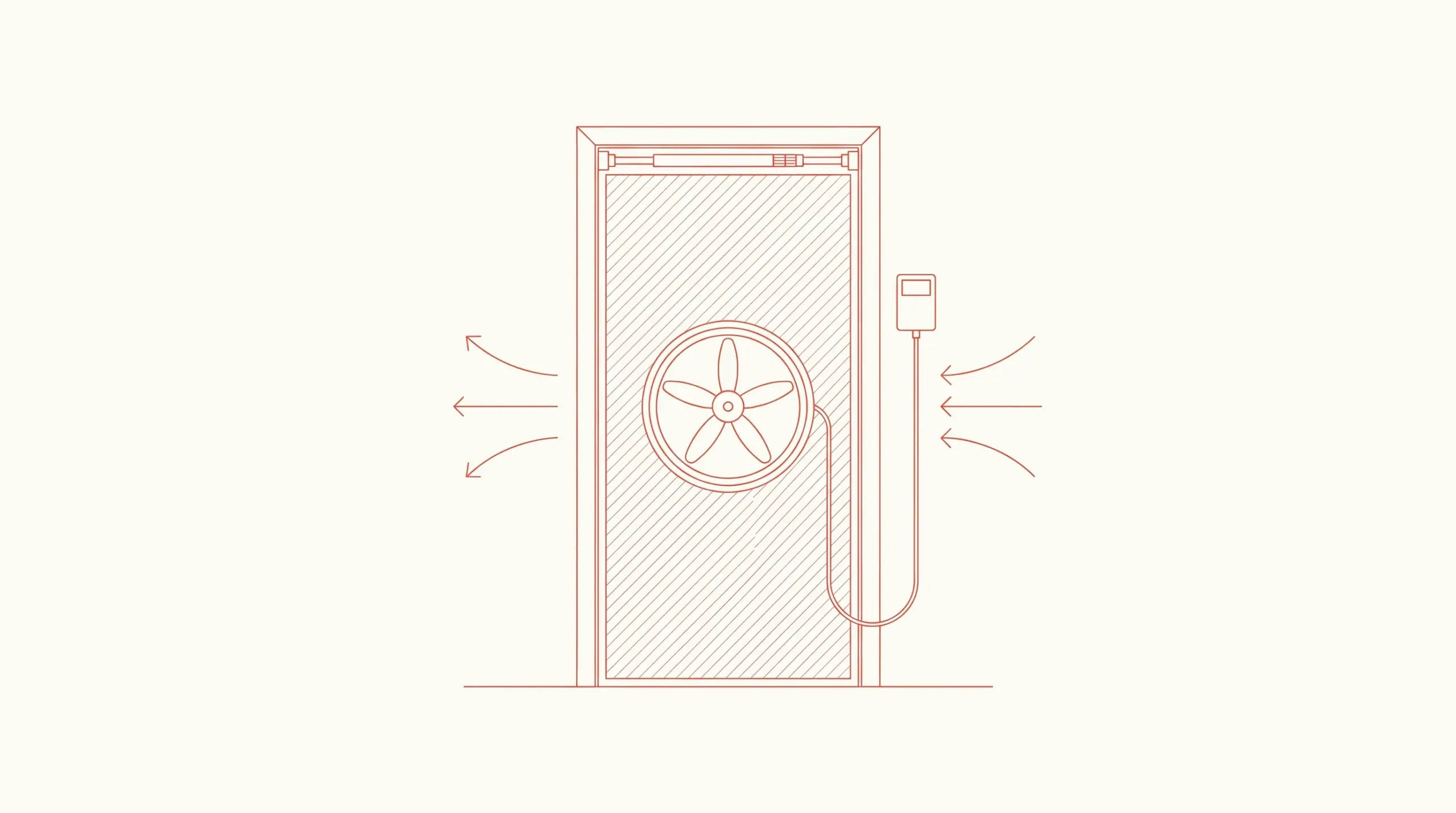 3D-Render eines Blower-Door-Test-Aufbaus mit Türrahmen, Membran und Lüftereinheit